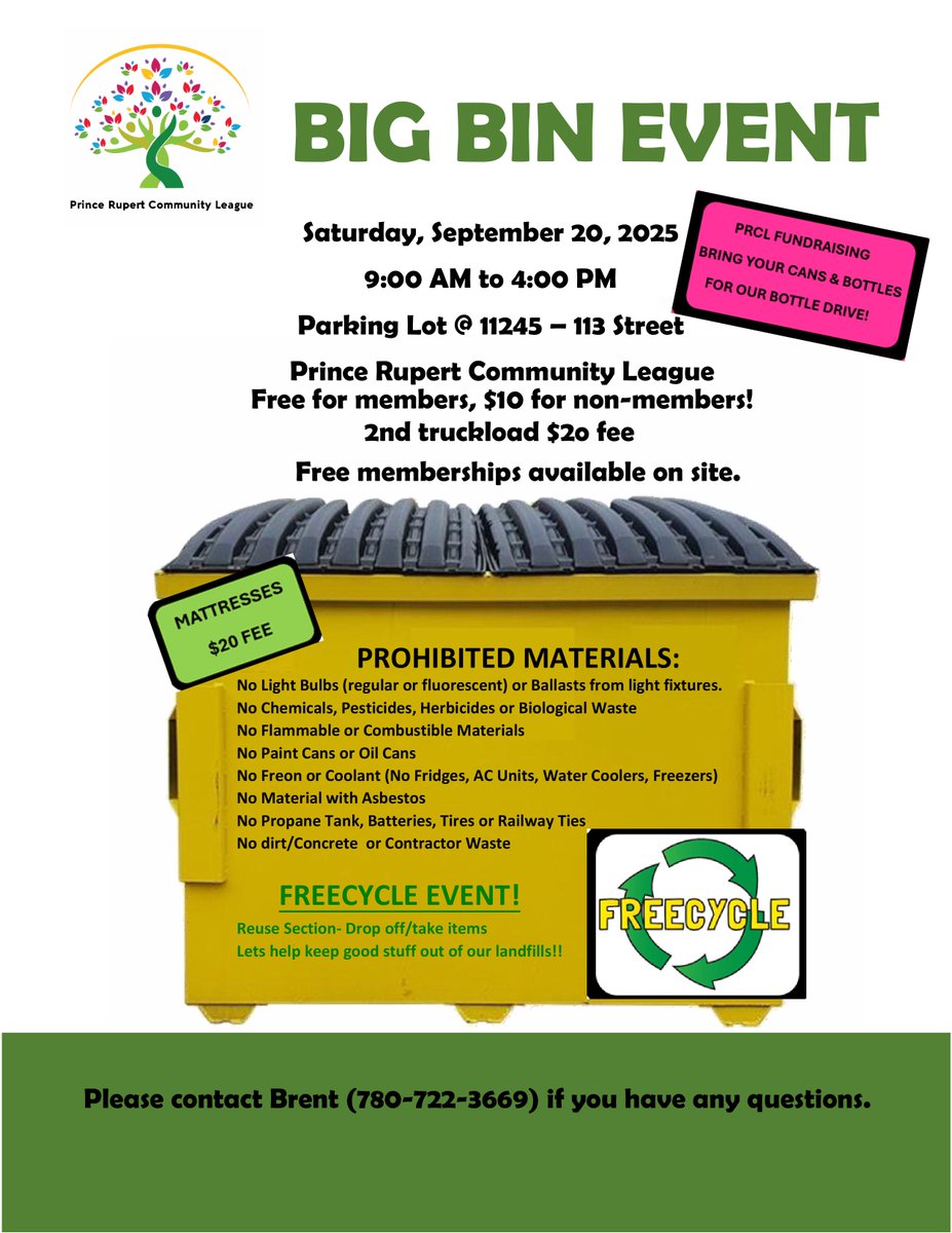Hello #PRCL members,

Our annual #BigBin and #Freecycle event is planned for Saturday, Sept 20 from 9-4 pm. We are also having a bottle drive to raise funds!
Please see the poster for full details.