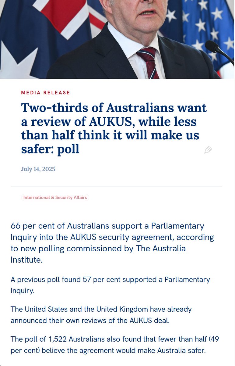 “It is truly extraordinary that of the three countries that are party to the deal, Australia – which bears the brunt of the cost &amp; risk – is the only one not to have put AUKUS to a genuine review."

Join the call for an AUKUS inquiry: theaus.in/AUKUS_inquiry
