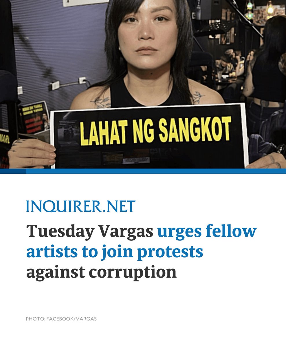 Tuesday Vargas has called on her fellow artists to make a stand and join the street protests against corruption amid the investigation into the anomalous flood control projects. 

READ MORE: inqnews.net/6TMw2K