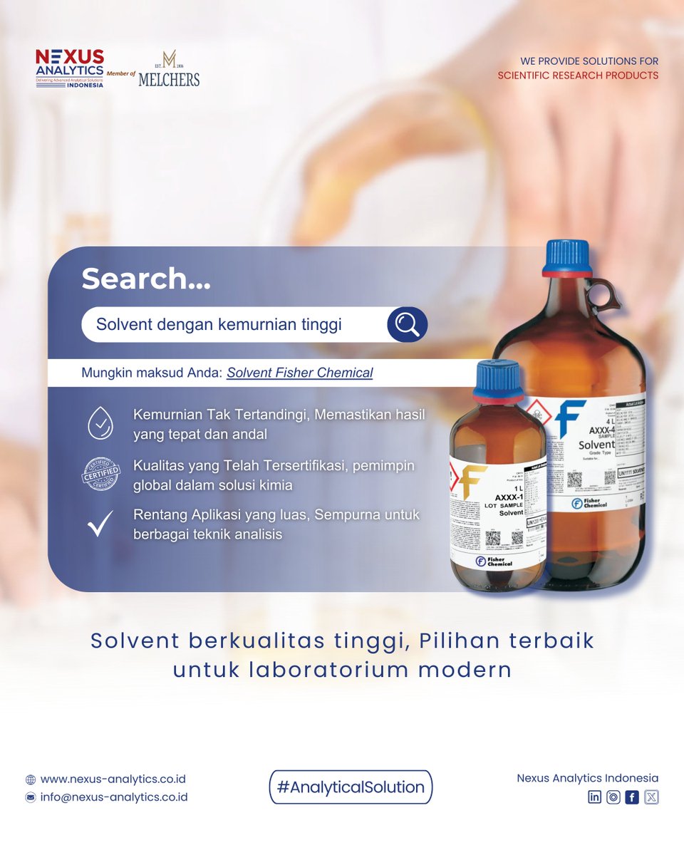 Hasil analisis yang akurat dimulai dari pemilihan solvent yang tepat. Solvent dari Thermo Fisher menjamin kemurnian tinggi, kualitas tersertifikasi, dan fleksibilitas aplikasi untuk setiap kebutuhan riset Anda.

📌Pilihan terbaik untuk laboratorium modern

Segera hubungi kami!!