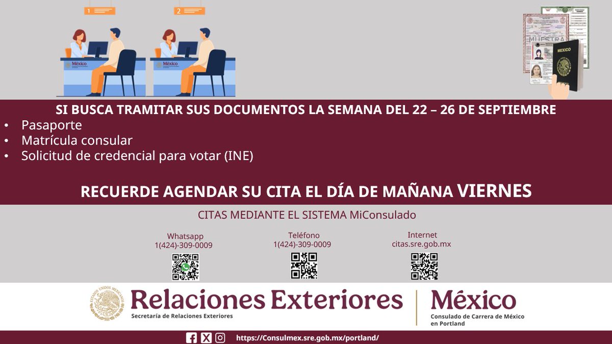 📢¡Atención! MAÑANA VIERNES se liberarán las citas para la semana del 22-26 DE SEPTIEMBRE.
✅ Las citas son gratuitas.
⏳ Estarán disponibles en el transcurso del día.
📲 Le pedimos estar atento a nuestras redes sociales.
¡Prepárese y agende su cita a tiempo! ⏰🇲🇽#MiConsulado