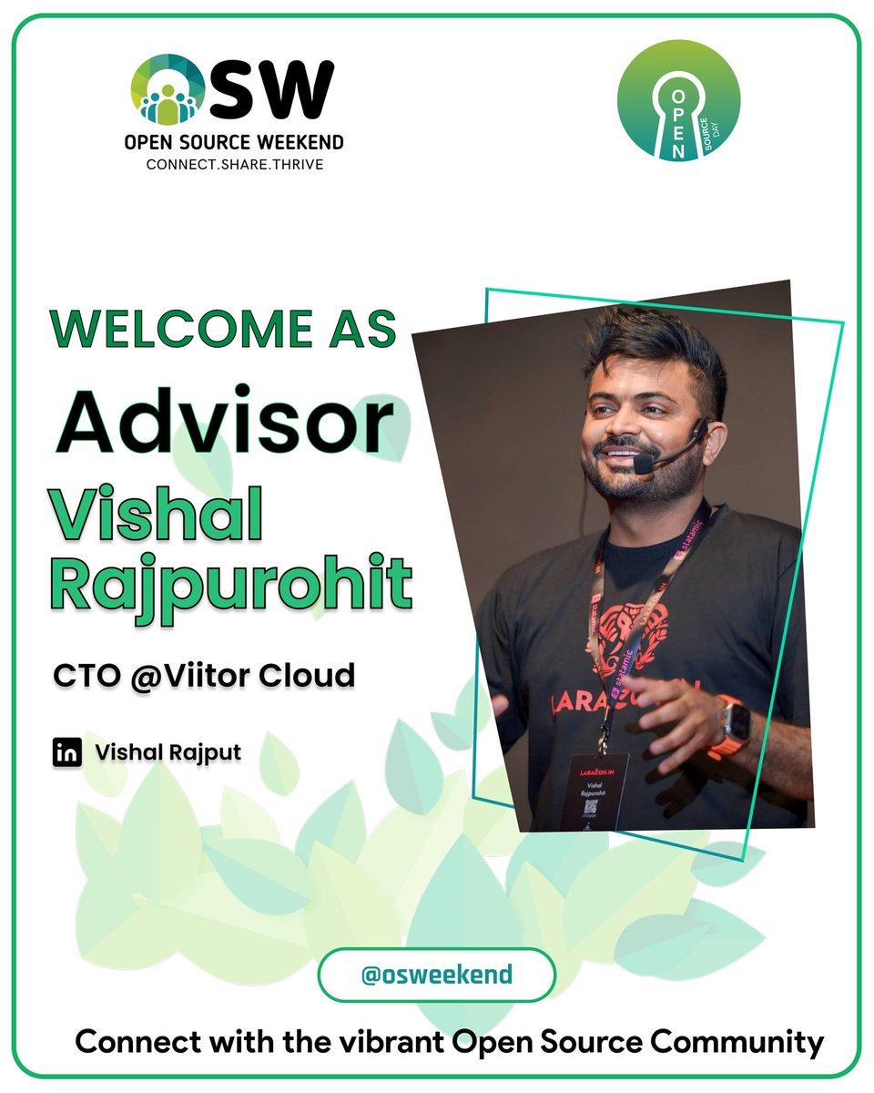 🌟 Tech visionary on board!
 Vishal Rajpurohit is joining #OpenSourceDay2025 as an Advisor.

A leader, innovator &amp; mentor — here to inspire the community. 💡

📍 Ahmedabad | Oct 5
🎟️ Early Bird ₹199 →  osd.opensourceweekend.org 

#OpenSource #OSD2025