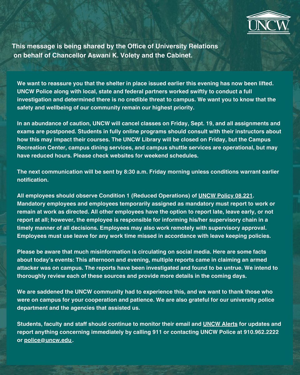 UNCWilmington's tweet photo. Students, faculty and staff should continue to monitor their email and UNCW Alerts for updates and report anything concerning immediately by calling 911 or contacting UNCW Police. 

All information can be found by visiting: 
https://t.co/bPdcJXMohY https://t.co/T2cnkEDZbf