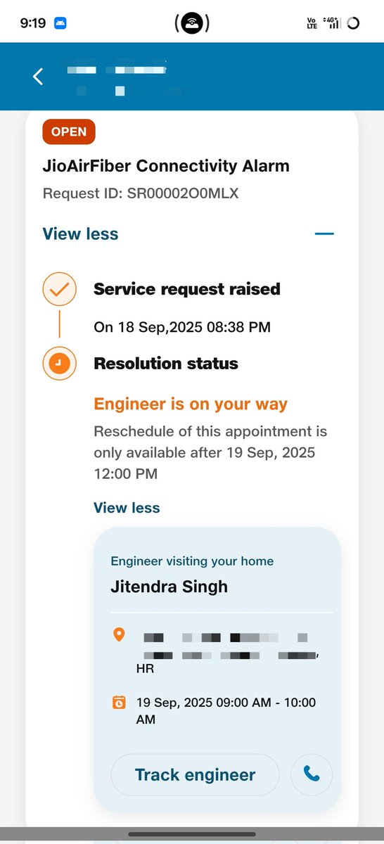 AakashM27's tweet photo. Raised a #JioFiber complaint like a normal human, got an engineer assigned, called him... and he straight up said he doesn’t come to my area. 
Now I’m just sitting here with 0 connectivity and max confusion. #JioAirFiber
@JioCare @reliancejio https://t.co/pI0yUzl4pj