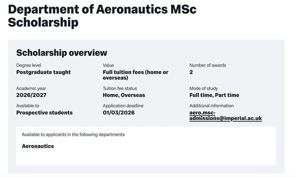 Jamnetnews's tweet photo. Fully Funded Imperial College London Aeronautics Masters Scholarship 2026 in UK

 Applications are now open for the Fully Funded Imperial College London Aeronautics Masters Scholarsh... https://t.co/dKhT3825wq
