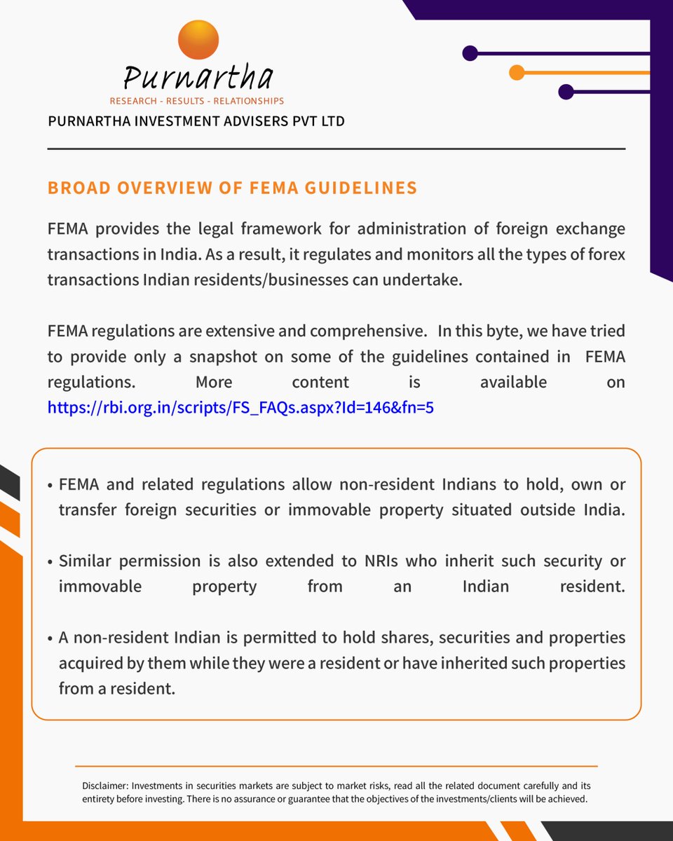 purnarthapms's tweet image. FEMA lays the ground rules for how Indians and NRIs can handle foreign assets.

But what exactly do these guidelines cover?

This week’s #Finsights gives you a snapshot.

#financesimplified #forex #foreignexchange #Purnartha #PurnarthaPMS