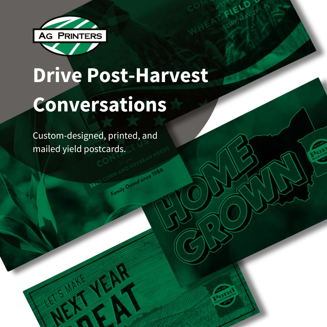 Harvest season is here.

Our postcards keep your message top-of-mind when performance is fresh and next year’s decisions are beginning.

We’ll even manage the mailing.

Learn more here: agprinters.com/direct-mailing…