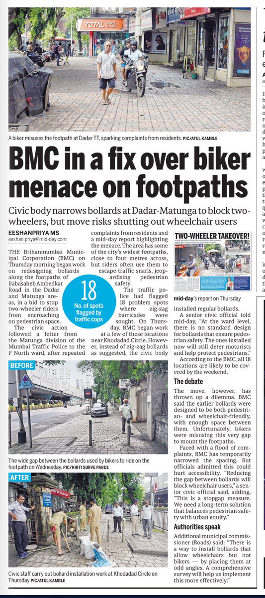Something good Happened..

Thanks <a href="/mid_day/">Mid Day</a> <a href="/Eeshanpriya/">Eeshanpriya</a> for highlighting the menace &amp; forcing a Impact.

#BMC begins bollard revamp to stop two-wheeler footpath encroachment.

mid-day.com/mumbai/mumbai-…