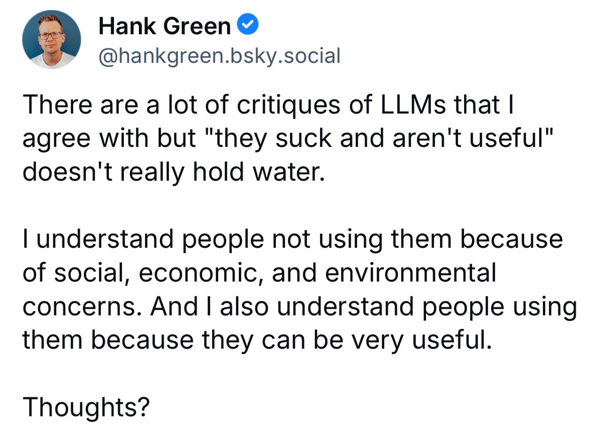 My thoughts: LLMs are very useful for a very limited range of use cases. They are deceptively marketed &amp; only apparently useful in the majority of applications in which they are currently deployed. In many of these applications, they are apt to have catastrophic repercussions.