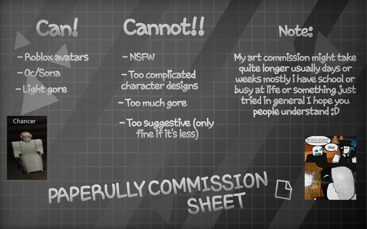 It looks like I'm doing Commissions once again why? I want to redeem myself from last time but this time i can do this

This is the Paperully Commission Sheet :D
(also i just want to start earning robux) 

#roblox #robloxart #robuxcommission #robuxcommissions #robloxartcommission