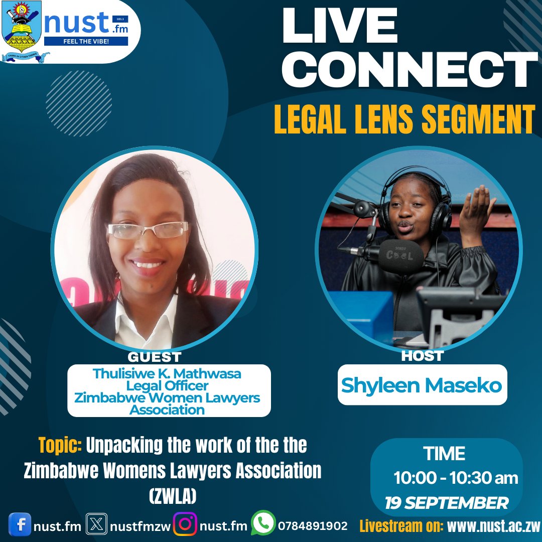 nustfmzw's tweet image. ⚖️ Live Connect – Legal Lens Spotlight

This morning, Shyleen F Maseko  welcomes Thulisiwe Mathwasa, Legal Officer at the Zimbabwe Women Lawyers Association (ZWLA), for a powerful conversation on the organization’s mission and impact.