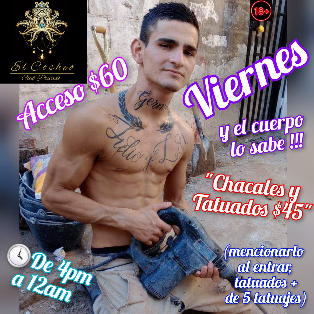 ⚜️♦️⚜️VIERNES  !!! ⚜️♦️⚜️

🕓 De 4pm a 12am

♦️Acceso $60

 🔥Chacales y Tatuados $45
(mencionalo al entrar, tatuados + de 5 tatuajes)
