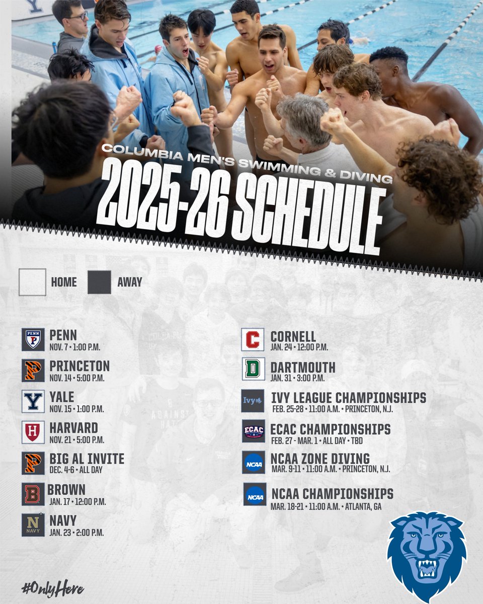 Mark your calendars! 🗓️🦁

The 2025-26 Columbia Men’s Swimming &amp; Diving season starts Nov. 7 at Penn!

#RoarLionRoar