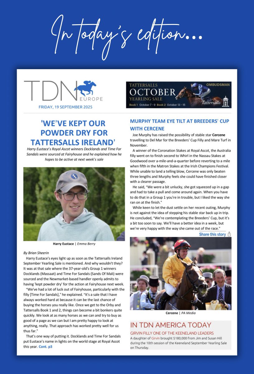 TDN (@thetdn) on Twitter photo Friday, Sept. 19 TDN Europe 🗞️
▪️ Harry Eustace: ‘We’ve kept our powder dry for <a href="/Tattersalls_ie/">Tattersalls Ireland</a>’
▪️ Murphy team eye tilt at Breeders’ Cup with Cercene
▪️ Marvelman sold and likely supplement to QEII
thoroughbreddailynews.com/pdf/tdn/tdn250… Friday, Sept. 19 TDN Europe 🗞️
▪️ Harry Eustace: ‘We’ve kept our powder dry for <a href="/Tattersalls_ie/">Tattersalls Ireland</a>’
▪️ Murphy team eye tilt at Breeders’ Cup with Cercene
▪️ Marvelman sold and likely supplement to QEII
thoroughbreddailynews.com/pdf/tdn/tdn250…
