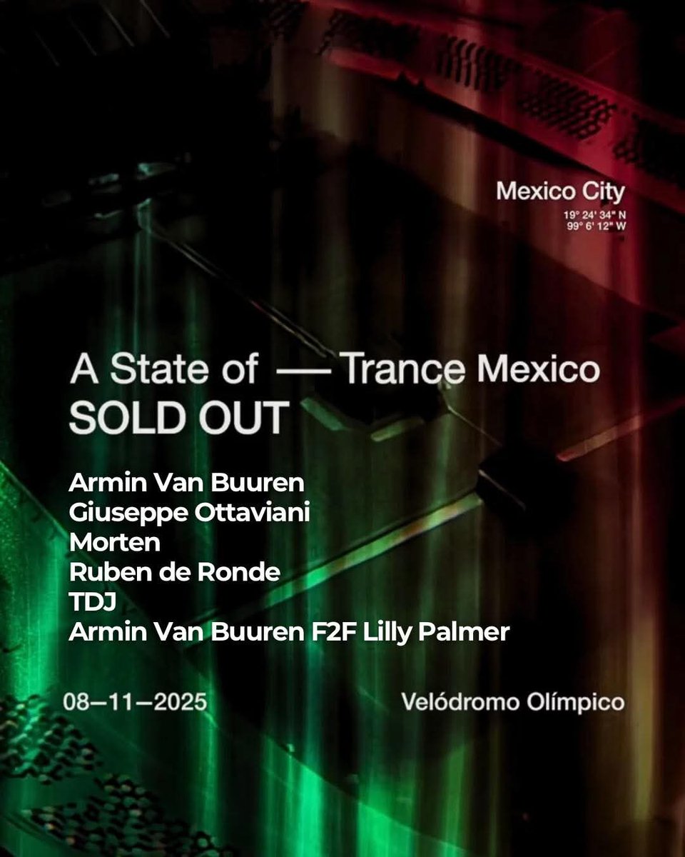 GMLuiz's tweet image. Late to the party pero hoy se anunció el line up del #ASOTMEXICO para este 8 de Octubre y quedó así:

-Armin van Buuren 
-Giuseppe Ottaviani 
-MORTEN
-TDJ 
-Ruben De Ronde 
-Armin van Buuren F2F Lilly Palmer

Más aparte un DJ local que será quién (probablemente) abra el evento.