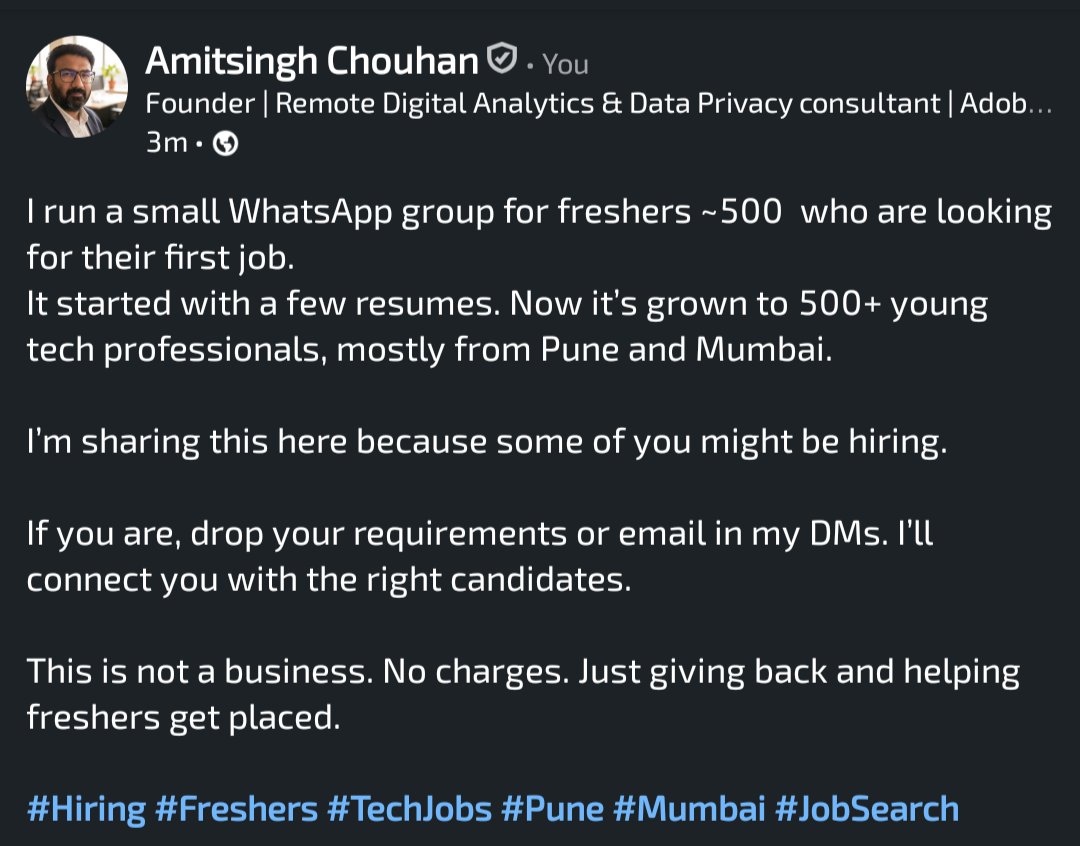 amitxdata's tweet image. I'm helping around 500+ freshers to land their first job . It's not a business, it's just I'm giving back to society and helping freshers to land their first job. If you org is hiring freshers, please let me know . Thanks