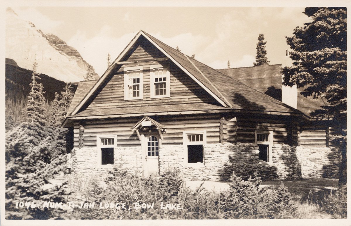 The Num-Ti-Jah Lodge at Bow Lake Alberta was built by the legendary outfitter and guide Jimmy Simpson, approx late 1930s Harmon postcard
