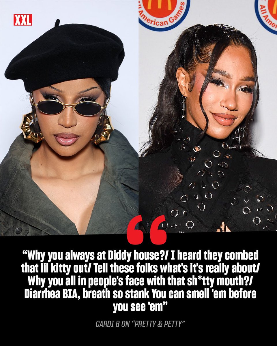 XXL's tweet photo. “Why you always at Diddy house?/ I heard they combed that lil kitty out/ Tell these folks what's it's really about/ Why you all in people's face with that sh*tty mouth?/ Diarrhea BIA, breath so stank You can smell 'em before you see 'em”

— Cardi B on “Pretty &amp; Petty” https://t.co/zBmdUsvIeU