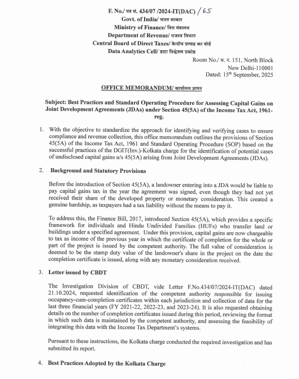 CAclubindia's tweet photo. CBDT Issues SOP for Taxing Capital Gains on JDAs Under Section 45(5A)