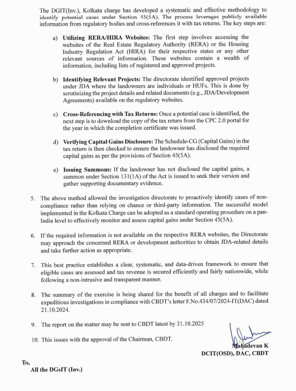 CAclubindia's tweet photo. CBDT Issues SOP for Taxing Capital Gains on JDAs Under Section 45(5A)