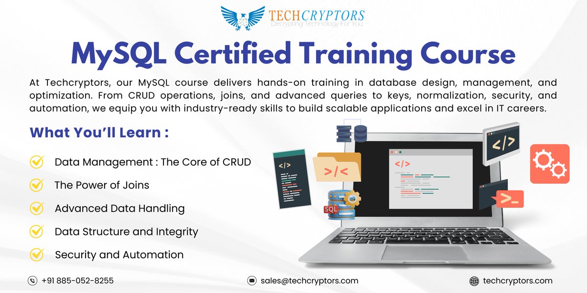 TechCryptors's tweet image. Unlock your career in IT with our MySQL Certified Training Course!🚀
📞wa.me/918850528255
📩sales@techcryptors.com
🌐techcryptors.com
#MySQL #SQL #ITCertification #SoftwareDevelopment #DataAnalytics #CRUD #DataScience #WebDevelopment #BackendDevelopment #Techcryptors