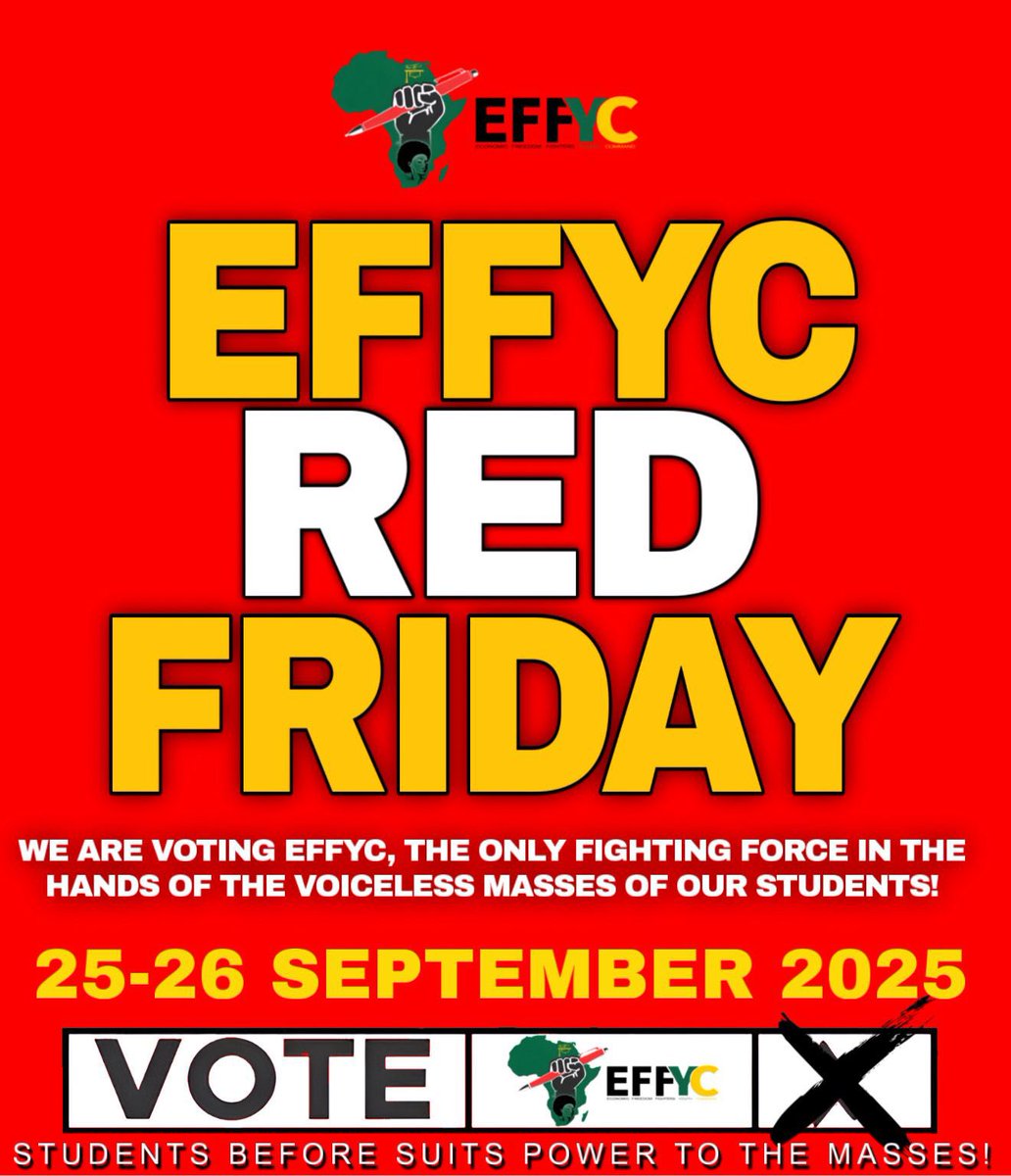 effyc_uwc's tweet photo. ♦️RED FRIDAY ALERT♦️
The EFFYC UWC Branch invites all fighters to our Manifesto Presentation Today.
Wear your regalia, EFF T-shirts will be provided. ❤️🖤💚
📍 Marikana
⏰ 12:00
Students before suits, Power to the masses.
Victory is Certain!
#effycuwcbranch #effyc #udubs #wceff https://t.co/LjBbCxBgem