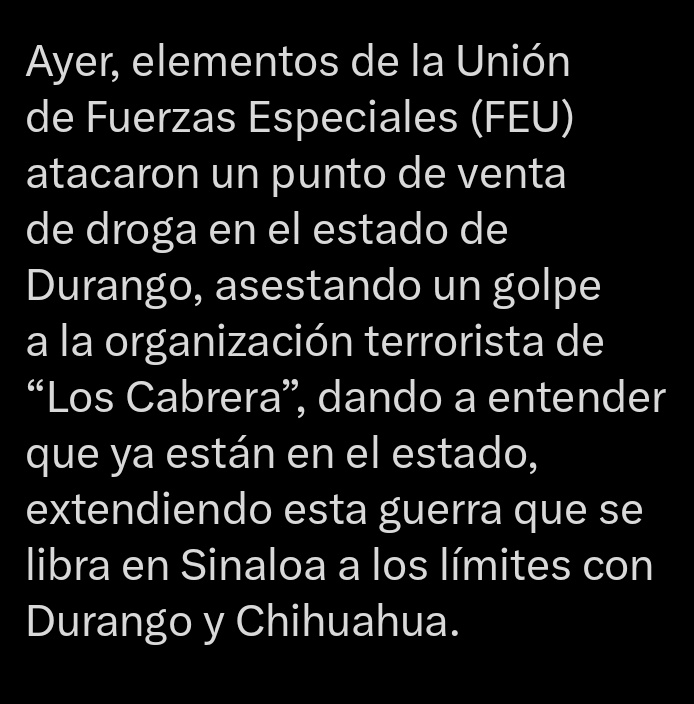 #Durangutopía | #NarcoEstado |

La ola de violencia llegó al Estado, <a href="/EVillegasV/">Esteban Villegas V.</a> vinculado a los #NarcoTerroristas de los #Cabrera.

Elementos de la FEU atacaron un punto de venta de droga, dan a entender que ya están en el Estado.

Ahora, ataque armado con explosivos.