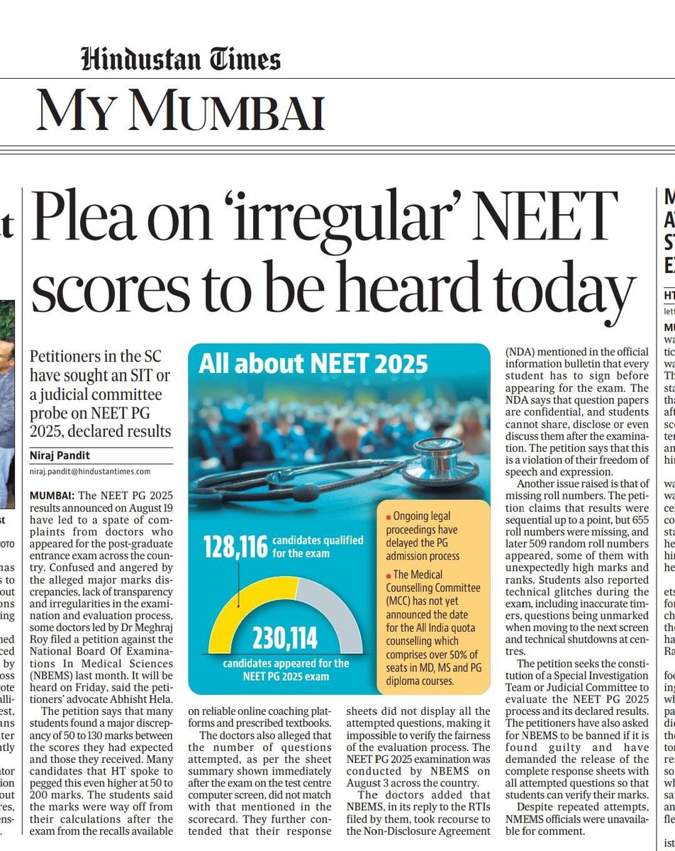 pgdiscrepancy's tweet image. hindustantimes.com/cities/mumbai-…

#NEETPG
#NEETPGMARKSDISCREPANCY 
@htTweets @AbhishtHela