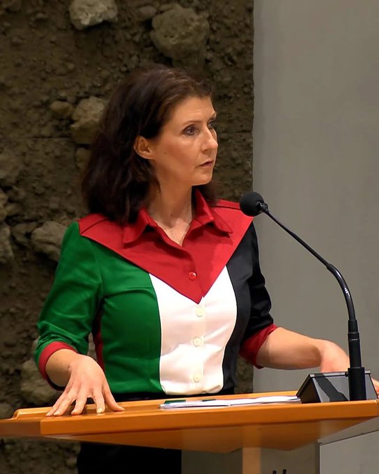 Esther Ouwehand standing at a podium, wearing a shirt with green, red, white, and black colors resembling the Palestinian flag. A microphone is positioned in front of her, and a stone wall is in the background. Esther Ouwehand walking outdoors with others, wearing a pink shirt with green and white accents and green pants, alongside individuals in suits and red outfits.