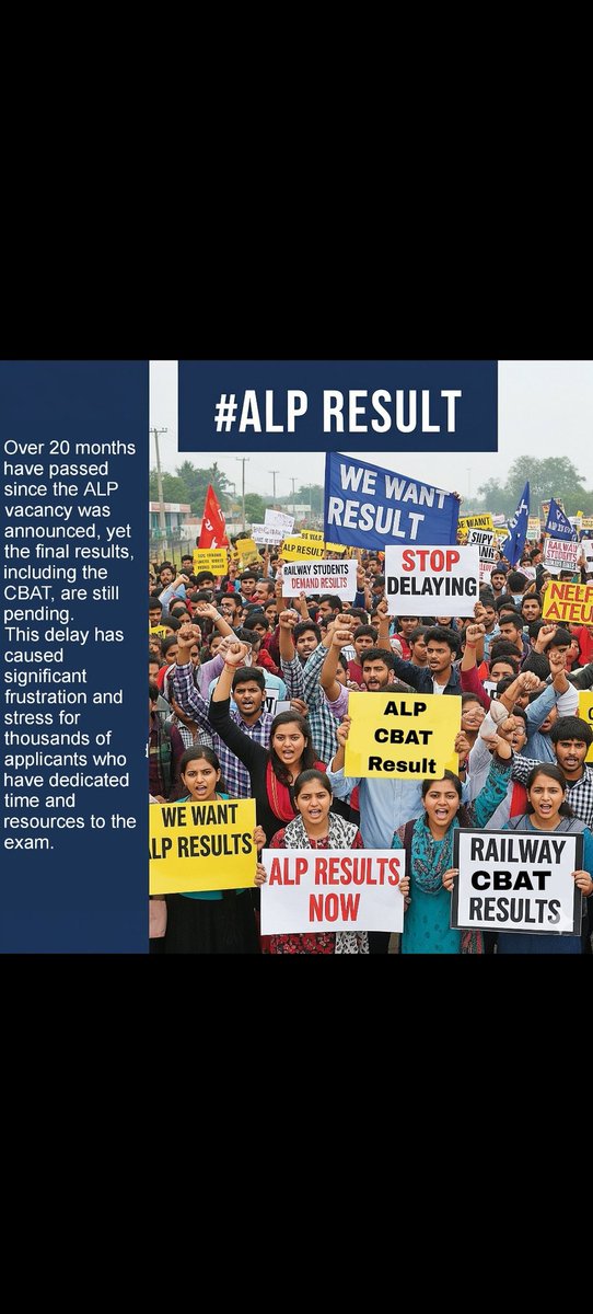 Vande Bharat दौड़ रही है 180 km/h पर,
ALP रिजल्ट 615 दिन से स्टेशन पर खड़ा है....
Please Declare ALP 2024 CBAT Result.
#AlpResult
<a href="/AshwiniVaishnaw/">Ashwini Vaishnaw</a> <a href="/RailMinIndia/">Ministry of Railways</a> <a href="/myselfvinita/">Vinita Verma</a> <a href="/DoPTGoI/">DoPT</a> <a href="/DrJitendraSingh/">Dr Jitendra Singh</a> <a href="/RDSOLucknow/">RDSOLucknow</a> <a href="/Railmadadseva/">railsevamadad</a> <a href="/PMOIndia/">PMO India</a> <a href="/Central_Railway/">Central Railway</a>