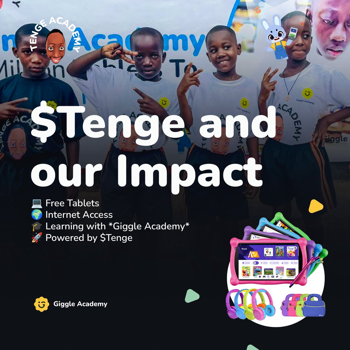 $Tenge and Our Impact 🚀

From launch to today, the journey has been nothing short of powerful:

✅ Given out 300+ tablets to kids
✅ Launched Tenge Academy 🎓
✅ Organized 2 major events with 1,000+ attendees
✅ Held weekly mini-events introducing <a href="/GiggleAcademy/">Giggle Academy</a>
✅ Got a retweet