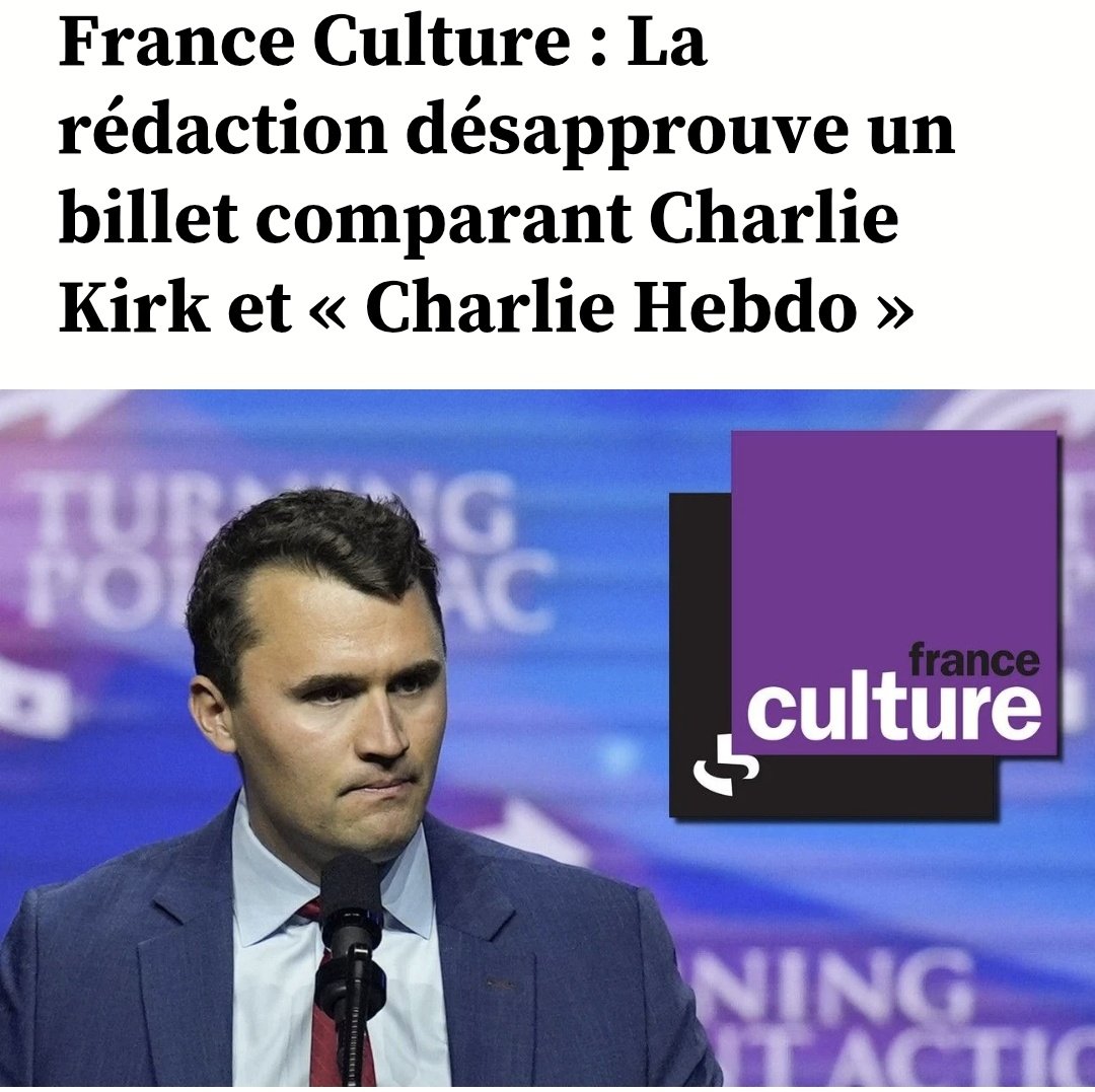 Le lien entre Charlie Kirk et Charlie-Hebdo est bienvenu, on a poursuivi dans les deux cas à tort ou à raison ceux qui faisaient l’apologie du terrorisme, et le service public français est peut-être assujetti à une secte, en tout cas manque de neutralité.
20minutes.fr/arts-stars/med…