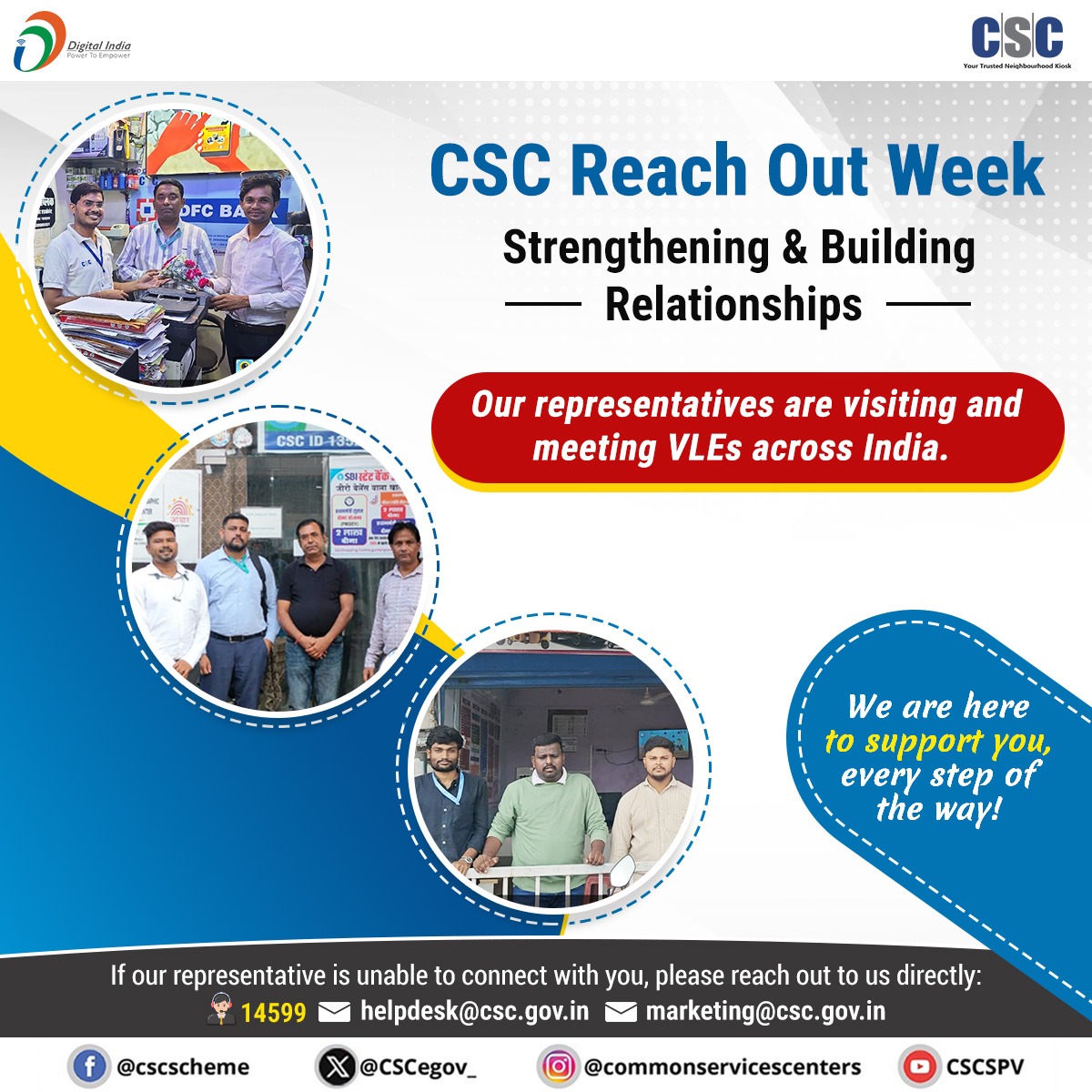 CSCegov_'s tweet image. Our representatives are visiting and meeting VLEs across India — a great opportunity to connect, collaborate, and serve VLEs better.🤝

If our representative is unable to connect with you, please reach out to us directly:
📩 helpdesk@csc.gov.in
📩 marketing@csc.gov.in
📞 14599…