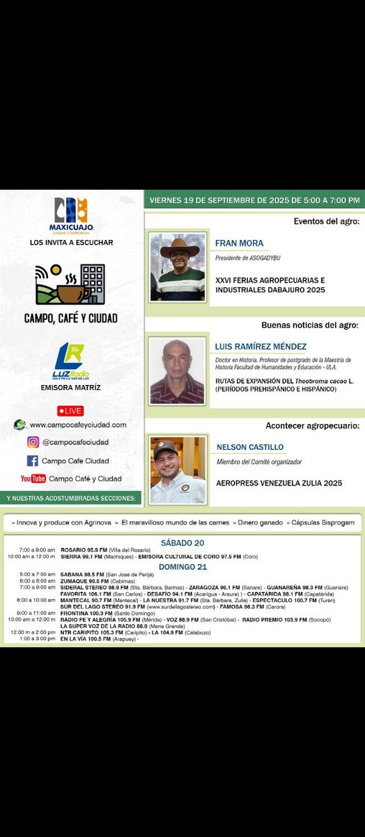 Escucha Este Viernes 19 de Septiembre a partir de las 5 de la tarde El Programa Número Uno de los Productores del Campo Venezolano, Ubicamos en el dial de tu preferencia..