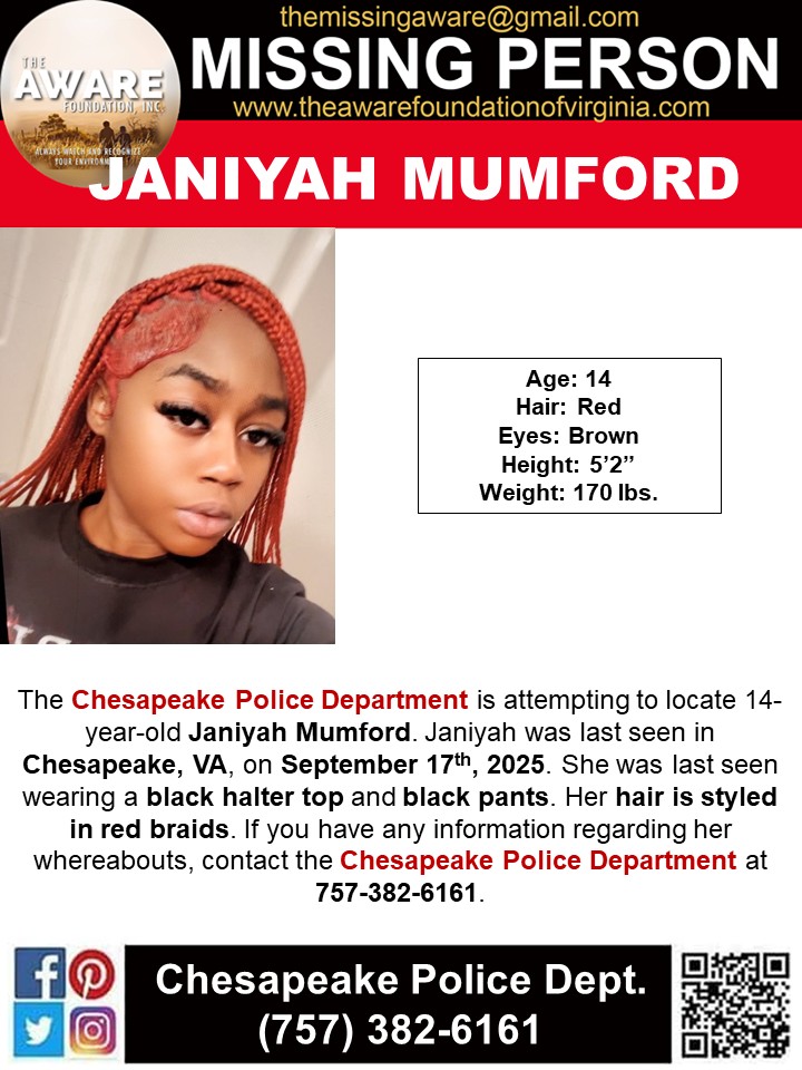 ***MISSING JUVENILE*** CHESAPEAKE, VA
The Chesapeake Police Department is attempting to locate 14-year-old Janiyah Mumford. Janiyah was last seen in Chesapeake, VA, on September 17th, 2025. She was last seen wearing a black halter top and black pants. Her hair is styled in red