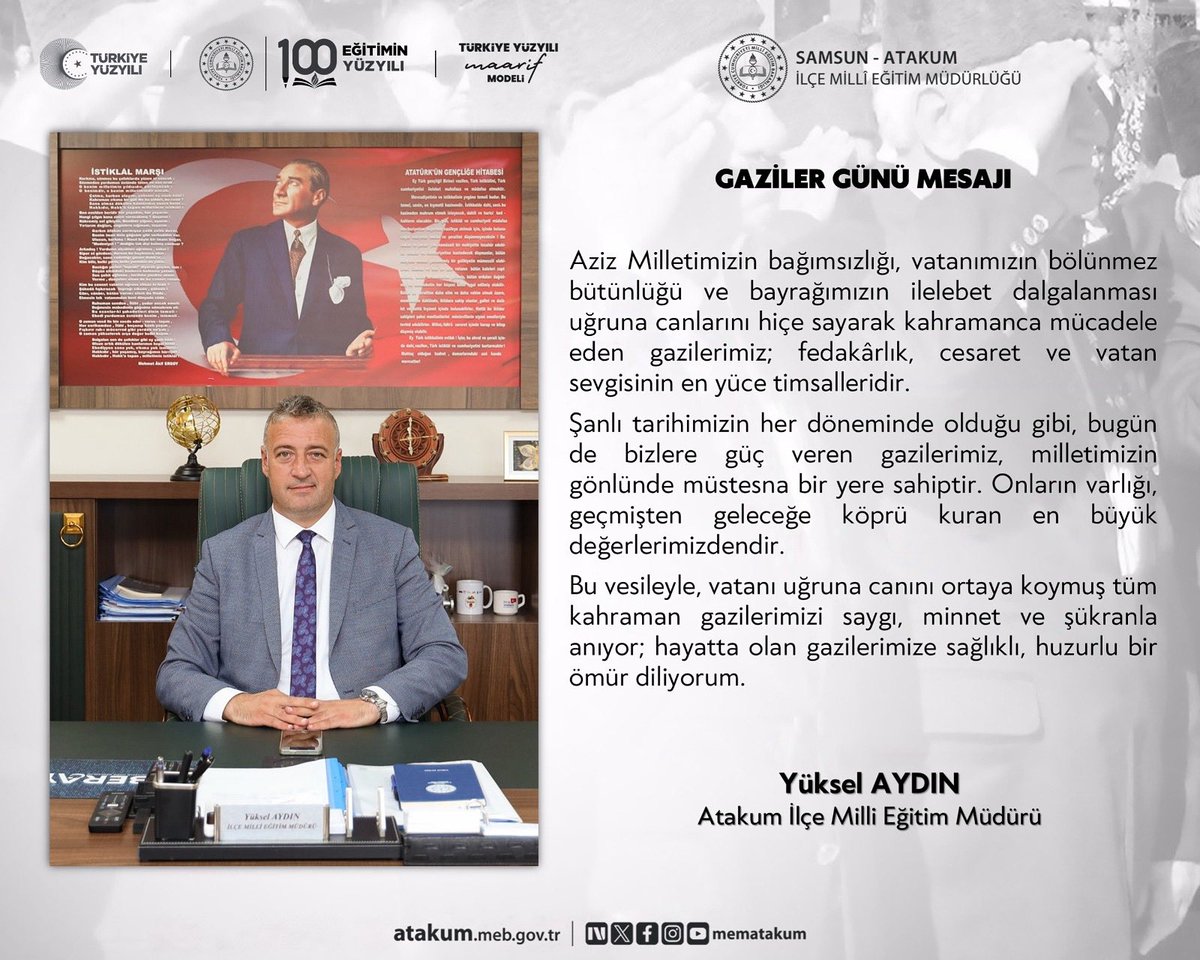 🇹🇷İlçe Milli Eğitim Müdürümüz Sayın Yüksel AYDIN’ın Gaziler Günü Mesajı
<a href="/YUKSEL_AYDIN1/">Yüksel AYDIN</a>