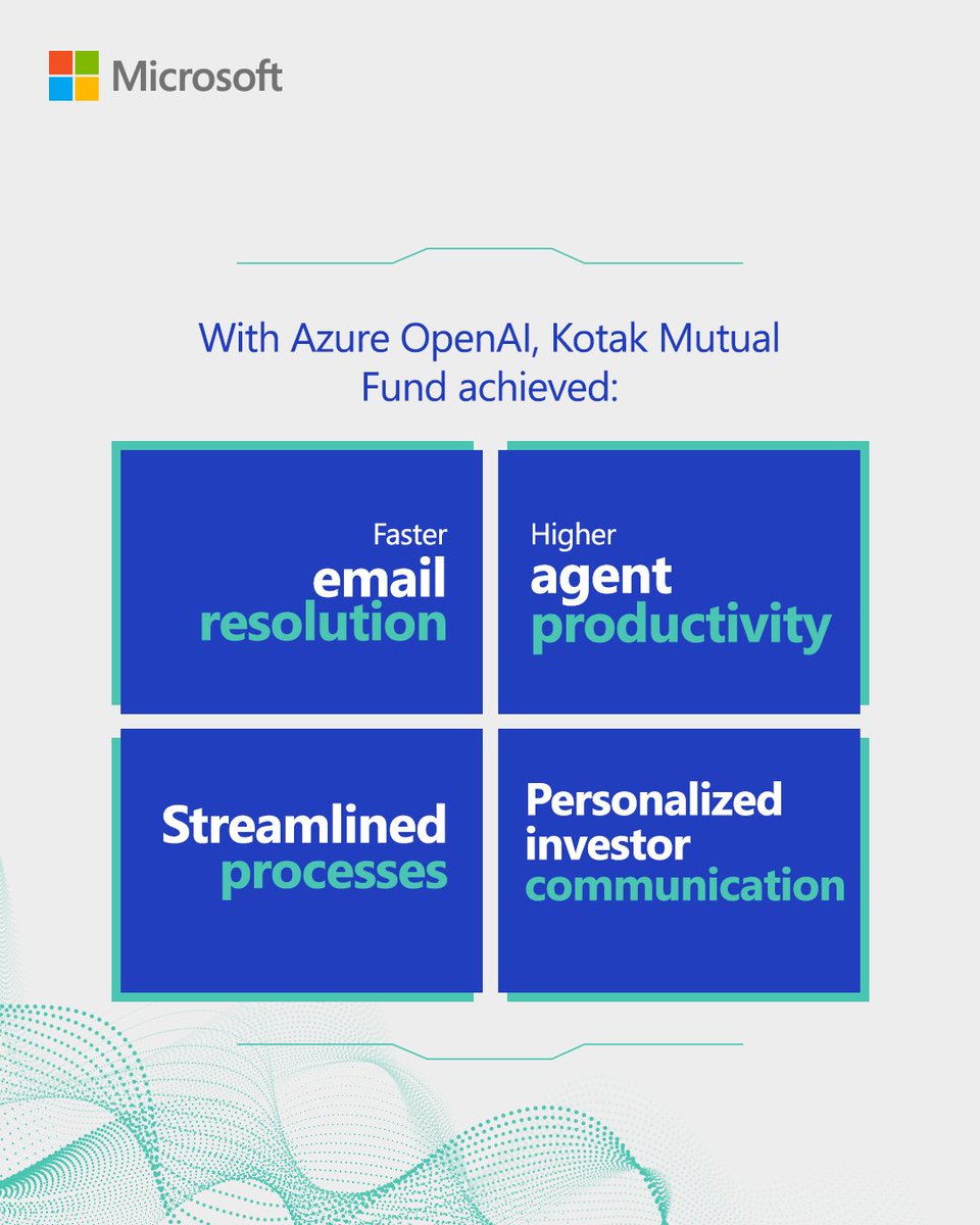 MicrosoftIndia's tweet photo. Kotak Mutual Fund is automating investor query management and email handling- enhancing both speed and satisfaction with #Azure #OpenAI. Agents are now focused on what truly matters. Read the full story to know how. https://t.co/ft2HfWaBVy  #PromiseToProof #GenAI https://t.co/AQeEMMW3GV