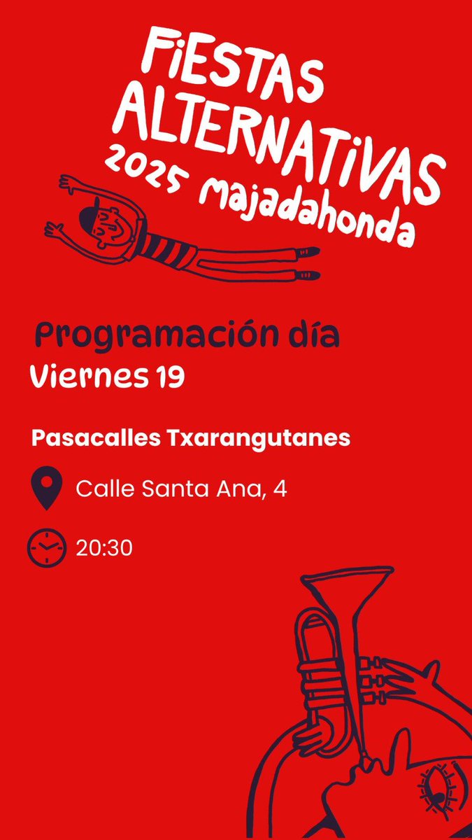 Está tarde acompañanos en la actividad de las #FiestasAlternativas de #Majadahonda ven y disfruta del 
🎺 Pasacalles de Txarangutanes
🕣 20:30h
📍 C/ Santa Ana a
🎶 Música, alegría y ambiente festivo.
💃 Sal a la calle a disfrutar del ritmo y la fiesta.