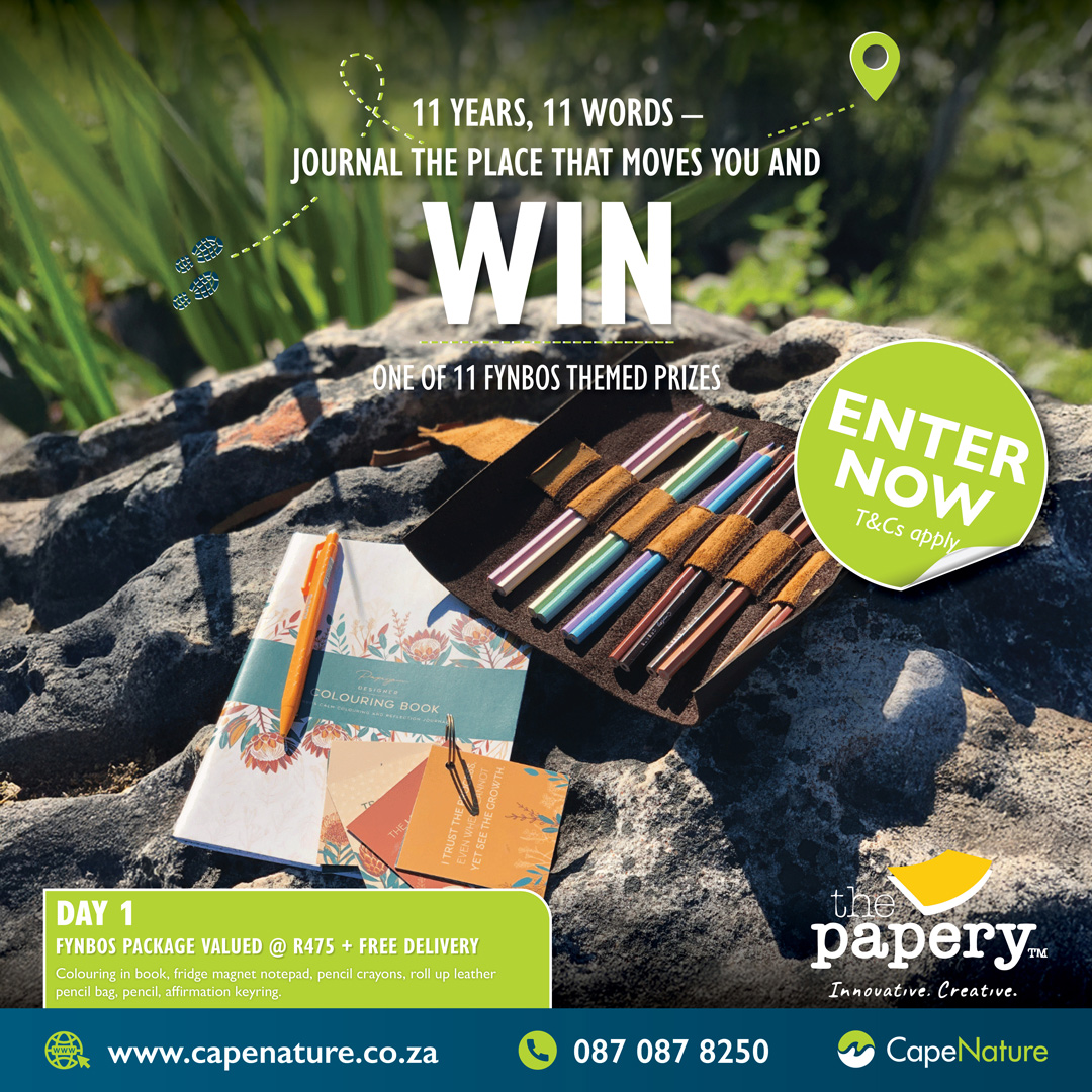CapeNature1's tweet image. 11 Years of FREE Access. 11 Prizes. 11 Words. 

➡️ Follow The Papery &amp;amp; CapeNature 
📲 Share this post &amp;amp; comment your 11-word love letter to nature
🎁 Win a new fynbos-inspired prize every day 
🌟 Day 11 = Lucky draw. T&amp;amp;Cs apply.

#CapeNature #AccessWeek #AccessWeekCompetition