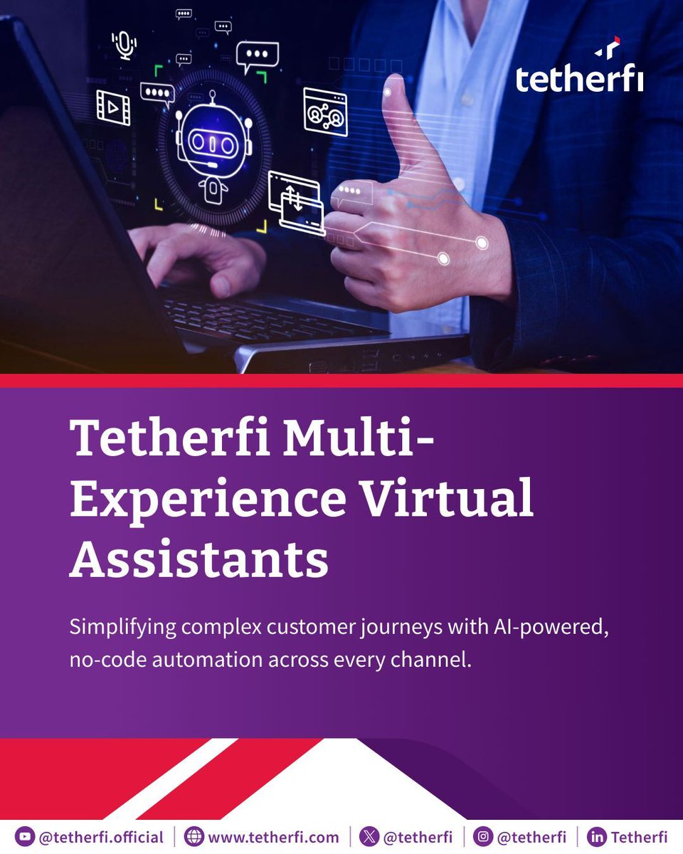 tetherfi's tweet image. Deliver richer engagement across voice, video &amp;amp; chat with @Tetherfi MX Virtual Assistants. 

AI bots resolve routine queries, drive real time interactions &amp;amp; boost CX efficiency. 

🔗 tetherfi.com/solutions/mult…

 #Tetherfi #PoweredByTetherfi #DigitalCX #AI #CustomerEngagement