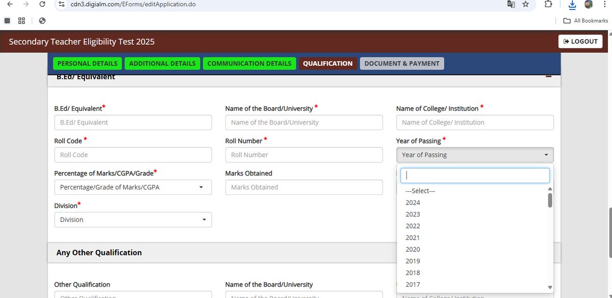2025 में पास हुए STET छात्रों को फॉर्म भरने में दिक्कत हो रहा है। फॉर्म भरने में passing year में  बर्ष 2025 का option नहीं आ रहा है,जल्द से जल्द इसको ठीक कर दिया जाए। 
<a href="/officialbseb/">Bihar School Examination Board</a>