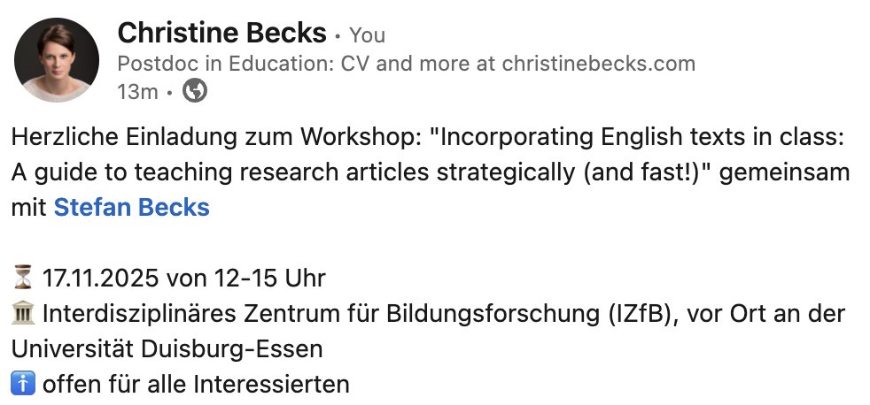 ChrBecks's tweet photo. Herzliche Einladung zum Workshop: "Incorporating English texts in class: A guide to teaching research articles strategically (and fast!)" gemeinsam mit Stefan Becks.

Zur Beschreibung: https://t.co/Iw6Awep5ZH
Zur Anmeldung: https://t.co/3wFidnAGQk https://t.co/z6mLZFs738