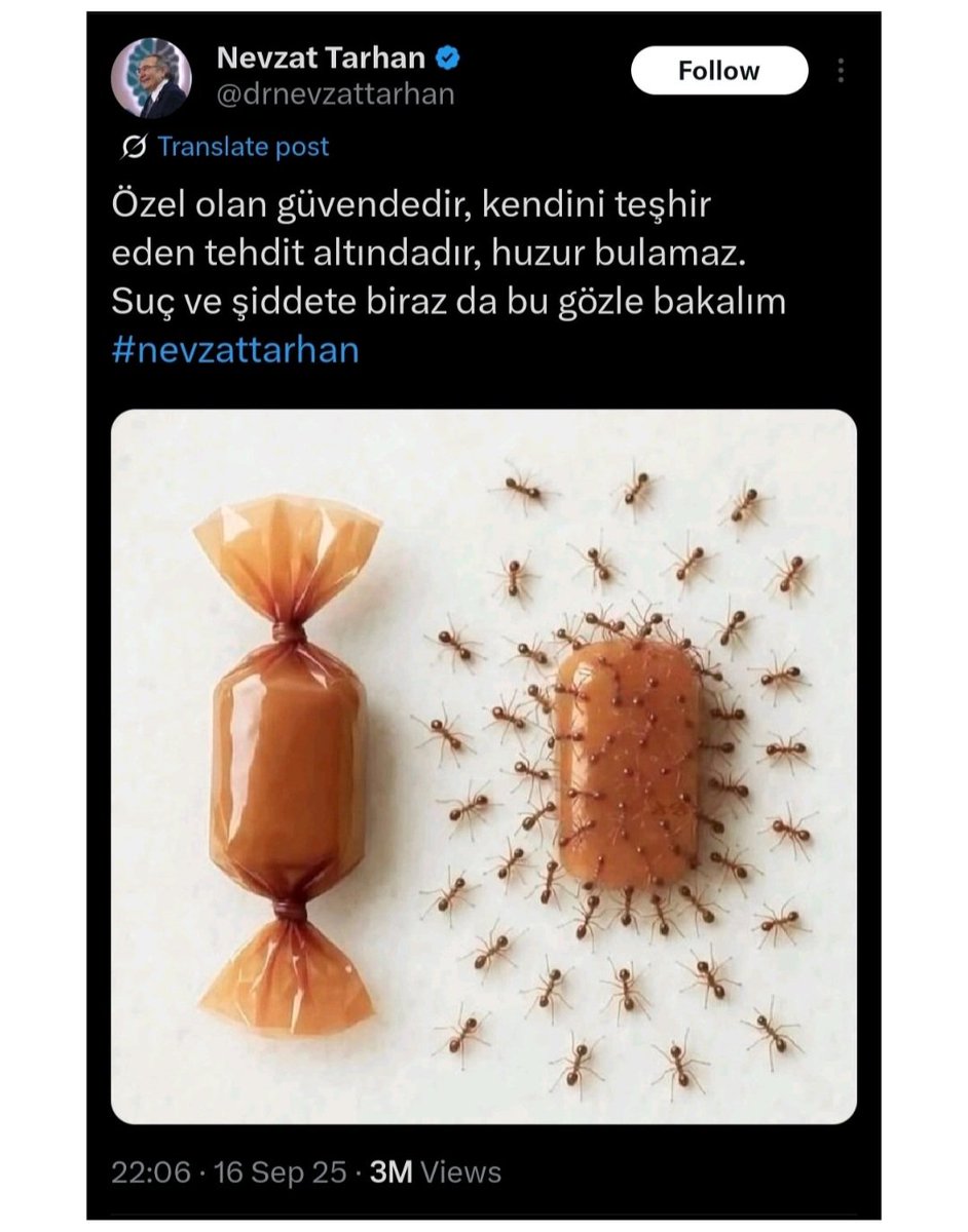 Ambalajla kapatılmış 'özel olan' (her neyse!) da daha çok tehdit ve saldırı görmüyor mu hocam? Suç ve şiddete böyle bakışınızı sorunlu buldum. <a href="/drnevzattarhan/">Nevzat Tarhan</a> #suç #şiddet #ceza #adalet #kadın #hukuk #Etik #akademikbakış