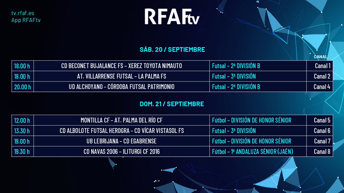 RFAF's tweet photo. 📢 Nueva jornada en @RFAF_tv con 7⃣ partidazos de #fútbol y #futsal
✅ #SegundaBFS
✅ #TerceraFS
✅ #DHS
✅ Primera Andaluza Sénior
🅢🅐🅑🅐🅓🅞
@bujalancefs - @XerezDFC_Futsal
@CD_VDR_Futsal - @LaPalmaFS
@UD_ALCHOYANO - @CordobaFutsal
🅓🅞🅜🅘🅝🅖🅞
@MontillaCF - @AtcoPalmadelRio
@albolote_futsal - #CDVícarVistasol
@ubloficial1928 - @EgabrenseCD
@cdnavas_2006 - @iliturgi_cf
📺 En directo en la app #RFAF y en https://t.co/AoImQruzqB