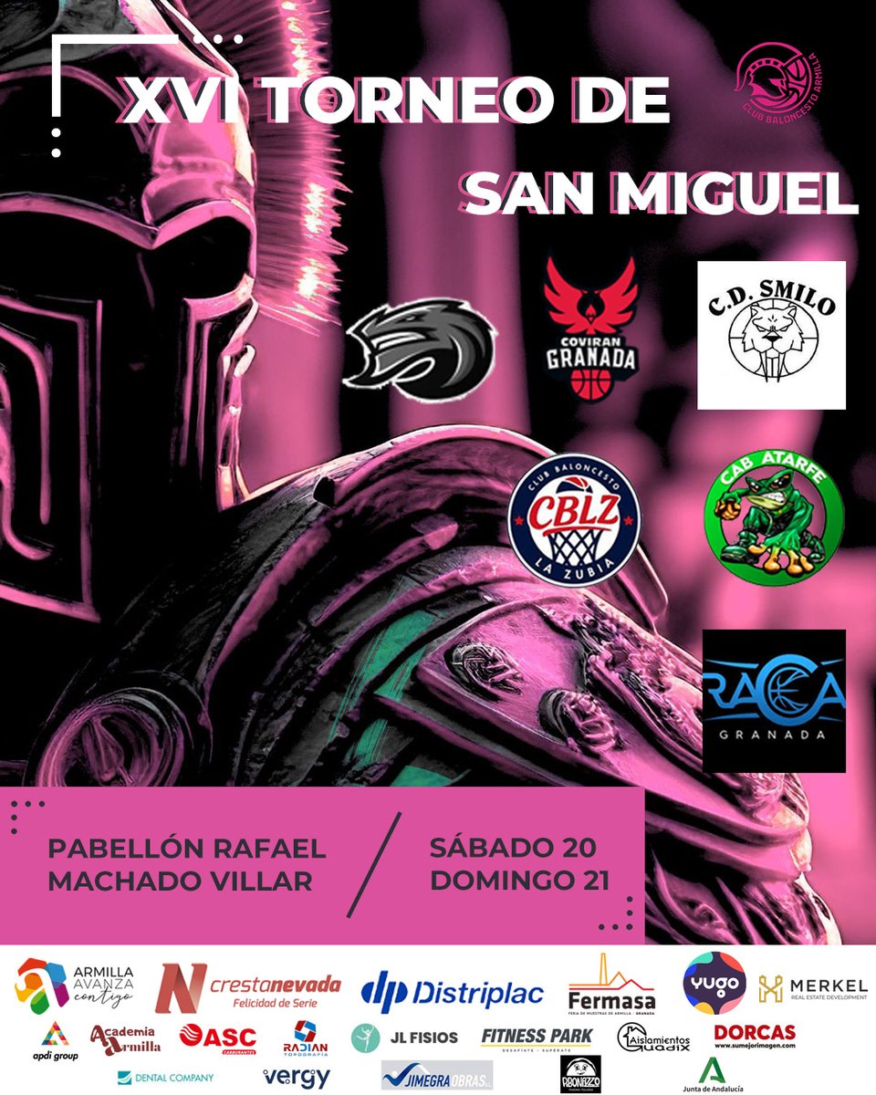 Volvemos a llenar las calles de Armilla con mucho baloncesto!!!🔥

🏀XVI TORNEO DE SAN MIGUEL con grandes invitados: <a href="/BaseFCBG/">Base Fundación CB Granada</a> <a href="/cbpeligros/">CB Peligros</a> <a href="/CDSmilo_Granada/">Club Deportivo Smilo</a> <a href="/CB_LaZubia/">TU SUPER CB LA ZUBIA</a> <a href="/CABAtarfe/">CAB ATARFE</a> <a href="/CDRaCa/">CD Tear Ramón y Cajal.- RACA</a> 

Con la colaboración de <a href="/AytoArmilla/">Ayto. Armilla</a>