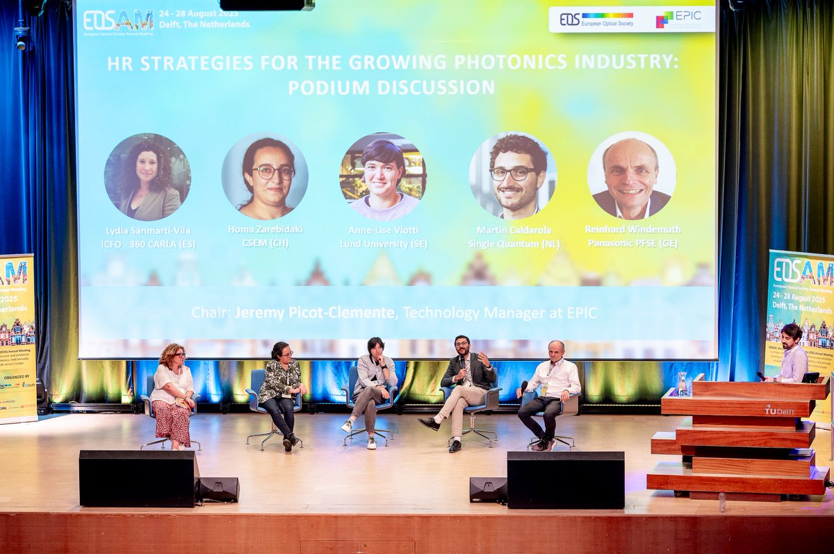 EOS_AM's tweet image. The podium discussion “HR Strategies for the Growing Photonics Industry” featured Lydia Sanmartí-Vila, Homa Zarebidaki, Anne-Lise Viotti, @MartinCaldarola &amp;amp; Reinhard Windemuth, chaired by Jérémy Picot-Clémente.

@ICFOnians
@CSEMInfo
@lunduniversity
@SingleQuantum
@EPIC_photonics