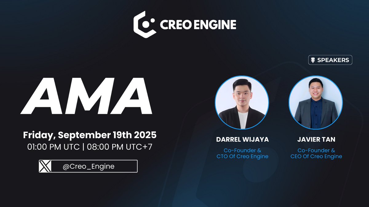 creo_engine's tweet image. 𝐂𝐑𝐄𝐎 𝐄𝐍𝐆𝐈𝐍𝐄 XSpace!

Join us in an exclusive AMA session as $CREO unveils the 𝐁𝐢𝐠 𝐀𝐧𝐧𝐨𝐮𝐧𝐜𝐞𝐦𝐞𝐧𝐭 that will redefine the future of the 𝐂𝐫𝐞𝐨 𝐄𝐧𝐠𝐢𝐧𝐞 𝐄𝐜𝐨𝐬𝐲𝐬𝐭𝐞𝐦.

• Friday, September 19, 2025
• 01:00 PM UTC | 08:00 PM UTC+7
•…