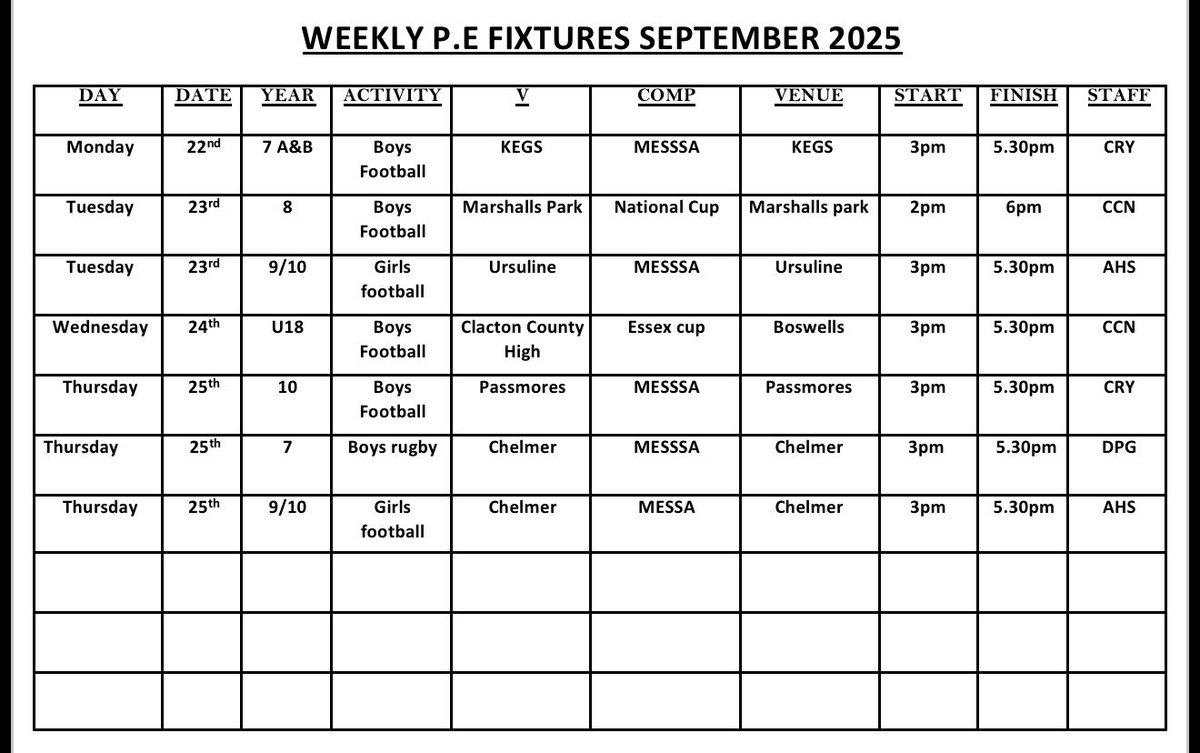 Next weeks fixtures!
