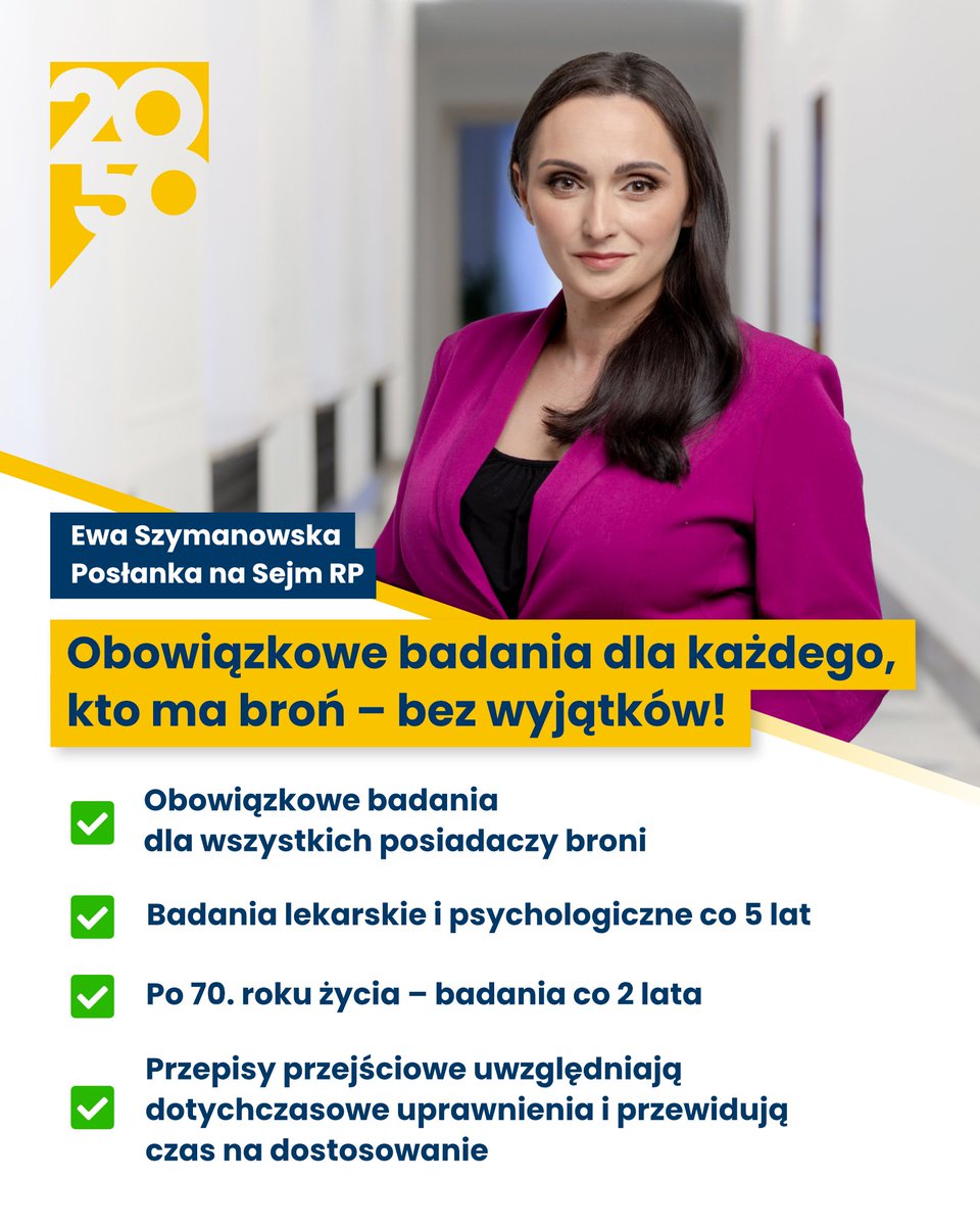 Ruszamy z ofensywą legislacyjną – z myślą o bezpieczeństwie ludzi! ✅

Składamy projekt nowelizacji ustawy o broni i amunicji, który wprowadza obowiązkowe badania okresowe dla posiadaczy broni.

Liczymy na poparcie <a href="/ko_klub/">KP Koalicja Obywatelska 🇵🇱✌️</a> i <a href="/__Lewica/">Lewica</a>.
<a href="/nowePSL/">🍀 PSL</a> – trzymamy za słowo! 🤝