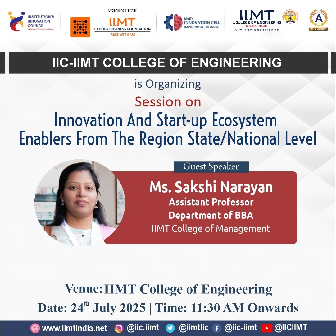 IimtIic's tweet image. IIC - IIMT College of Engineering is organizing session on Innovation and start - up Ecosystem Enables from the region state/National Level .
#InnovationEcosystem #StartupEcosystem #Entrepreneurship #InnovationEnablers #StartupSupport #InnovationForChange